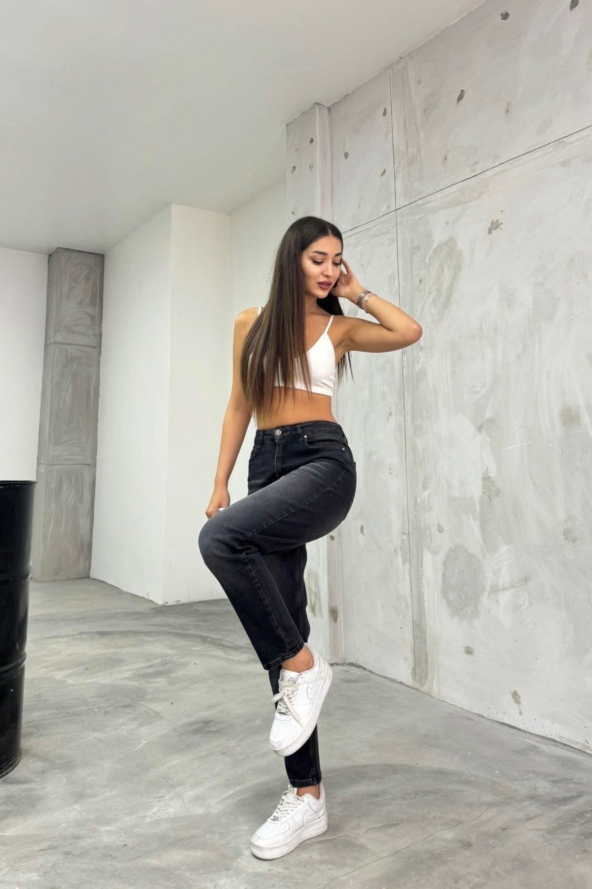 Women's Stretch/Lycra High Waist Mom Jeans Black - MALLTURK