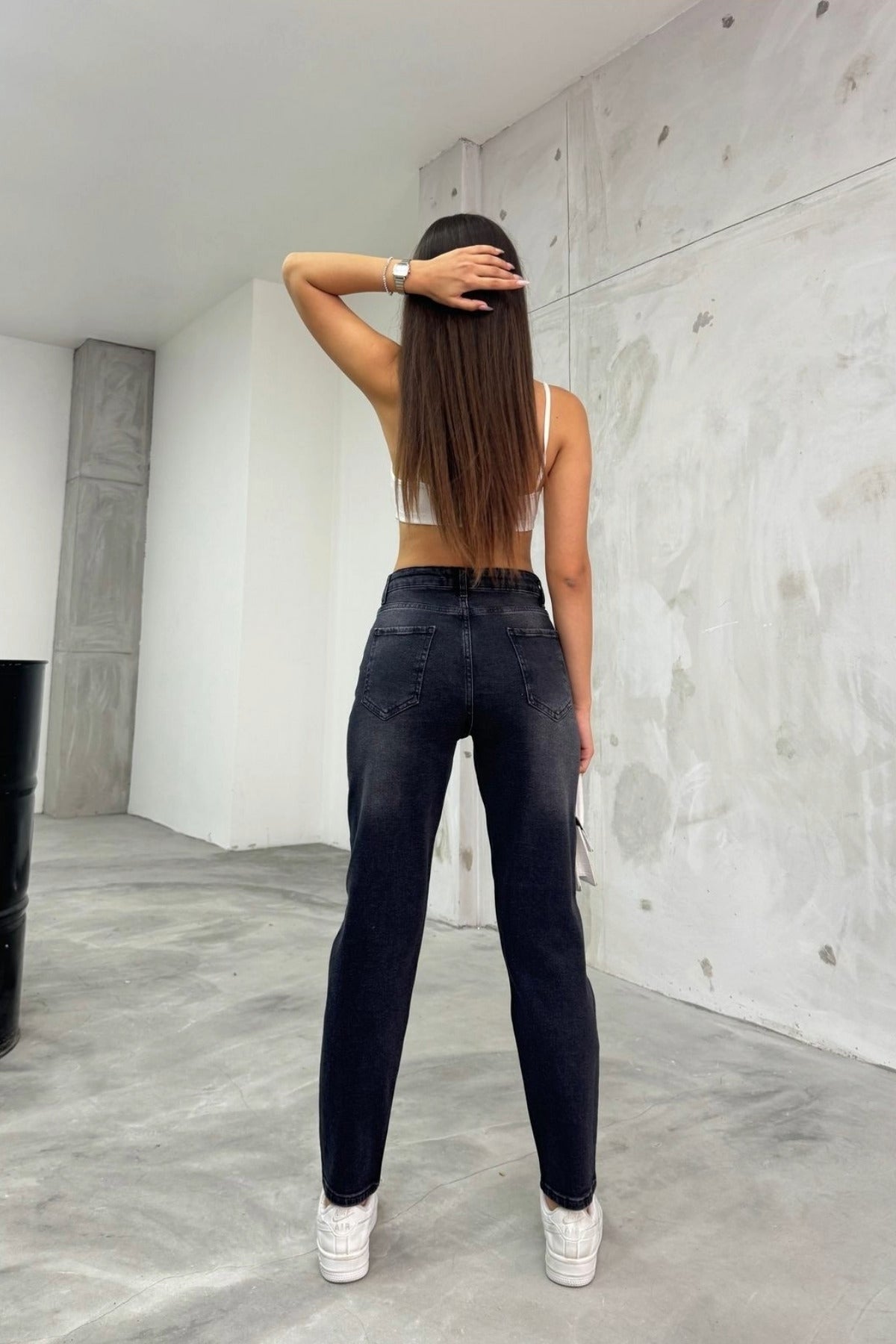 Women's Stretch/Lycra High Waist Mom Jeans Black - MALLTURK