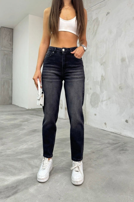 Women's Stretch/Lycra High Waist Mom Jeans Black - MALLTURK