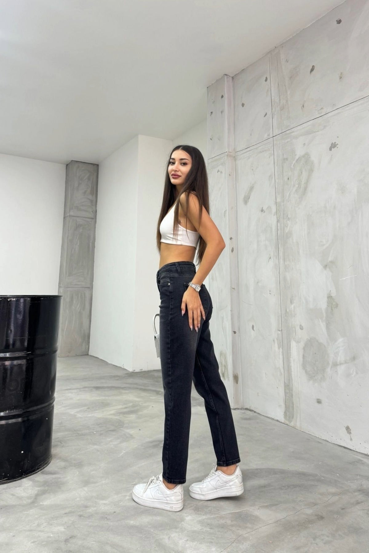 Women's Stretch/Lycra High Waist Mom Jeans Black - MALLTURK