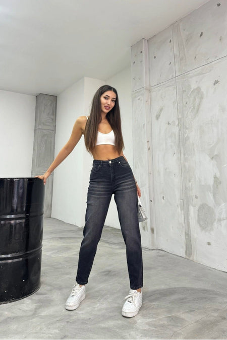 Women's Stretch/Lycra High Waist Mom Jeans in Black Effect - MALLTURK