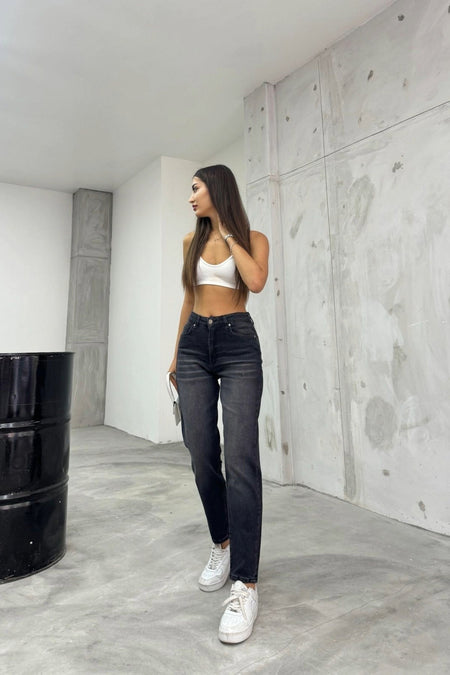 Women's Stretch/Lycra High Waist Mom Jeans in Black Effect - MALLTURK
