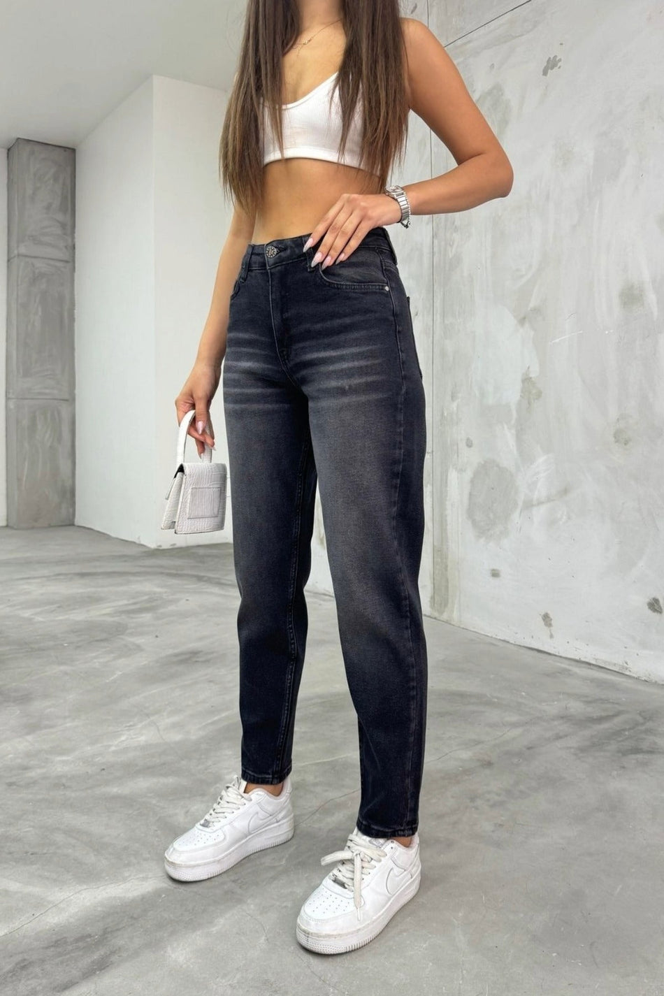 Women's Stretch/Lycra High Waist Mom Jeans in Black Effect - MALLTURK