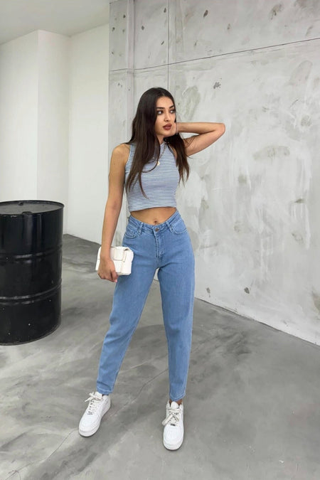 Women's Stretch/Lycra High-Waisted Mom Jeans BLUE - MALLTURK