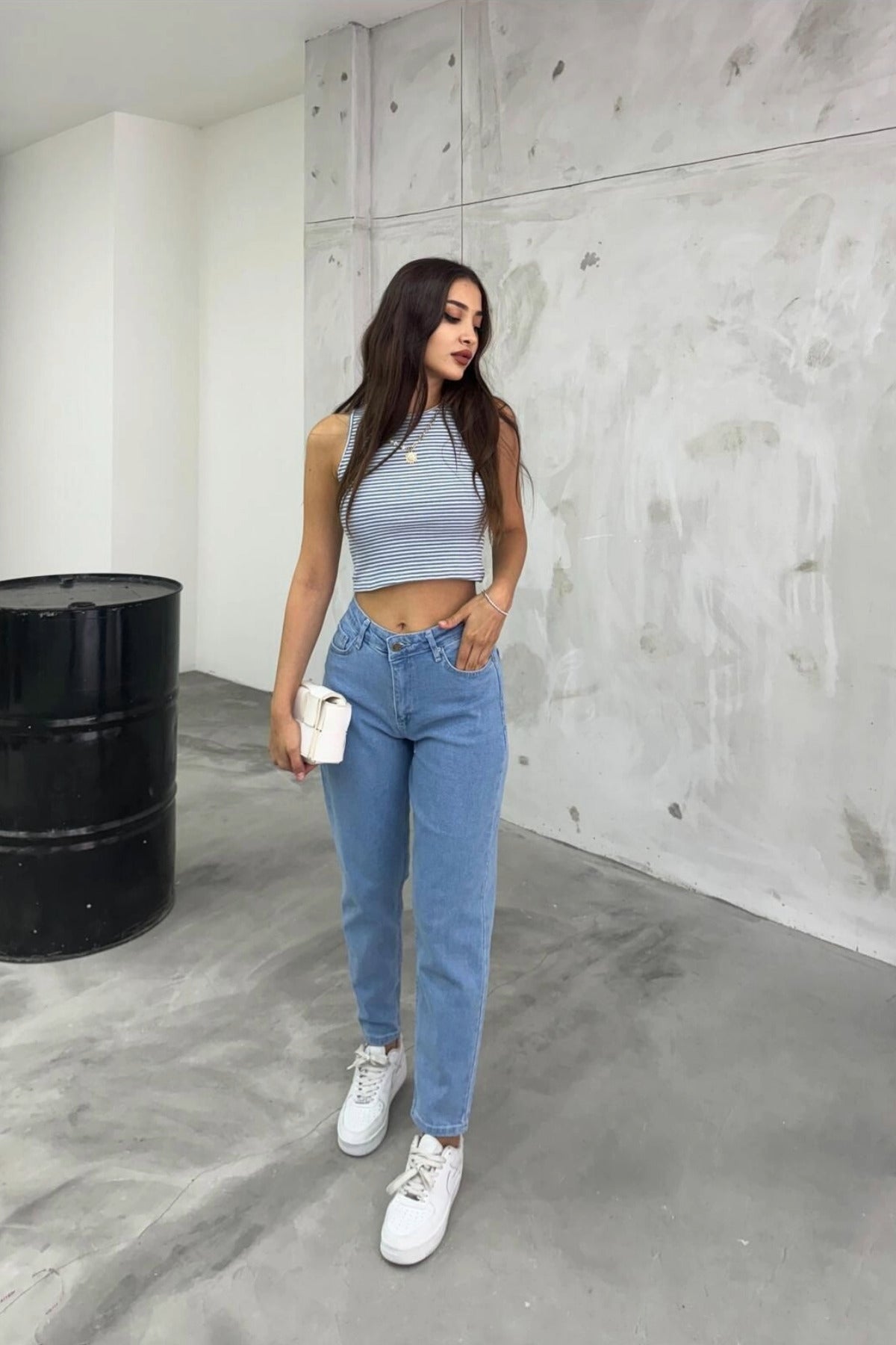 Women's Stretch/Lycra High-Waisted Mom Jeans BLUE - MALLTURK