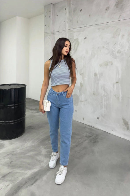 Women's Stretch/Lycra High-Waisted Mom Jeans BLUE - MALLTURK