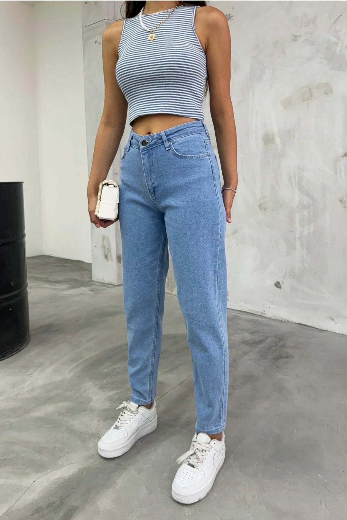 Women's Stretch/Lycra High-Waisted Mom Jeans BLUE - MALLTURK