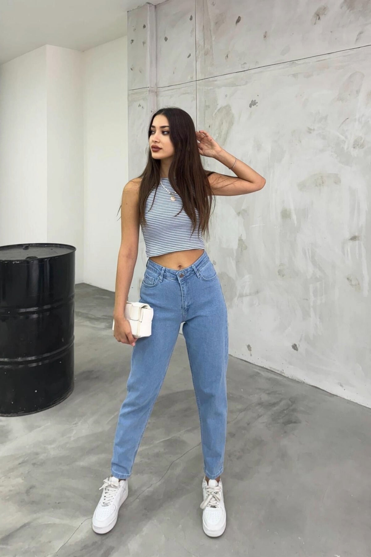 Women's Stretch/Lycra High-Waisted Mom Jeans BLUE - MALLTURK