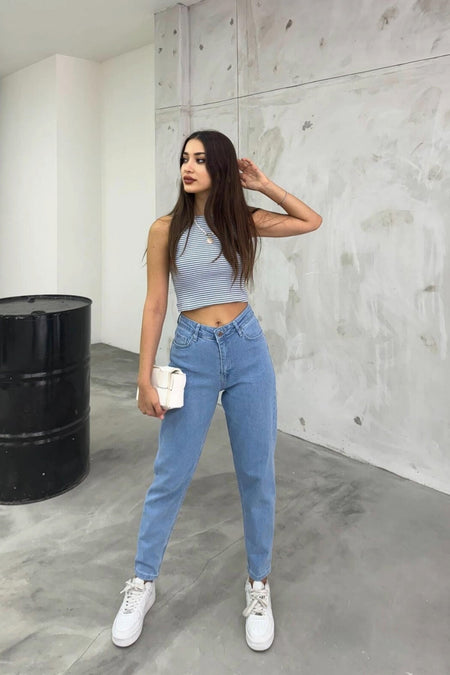 Women's Stretch/Lycra High-Waisted Mom Jeans BLUE - MALLTURK