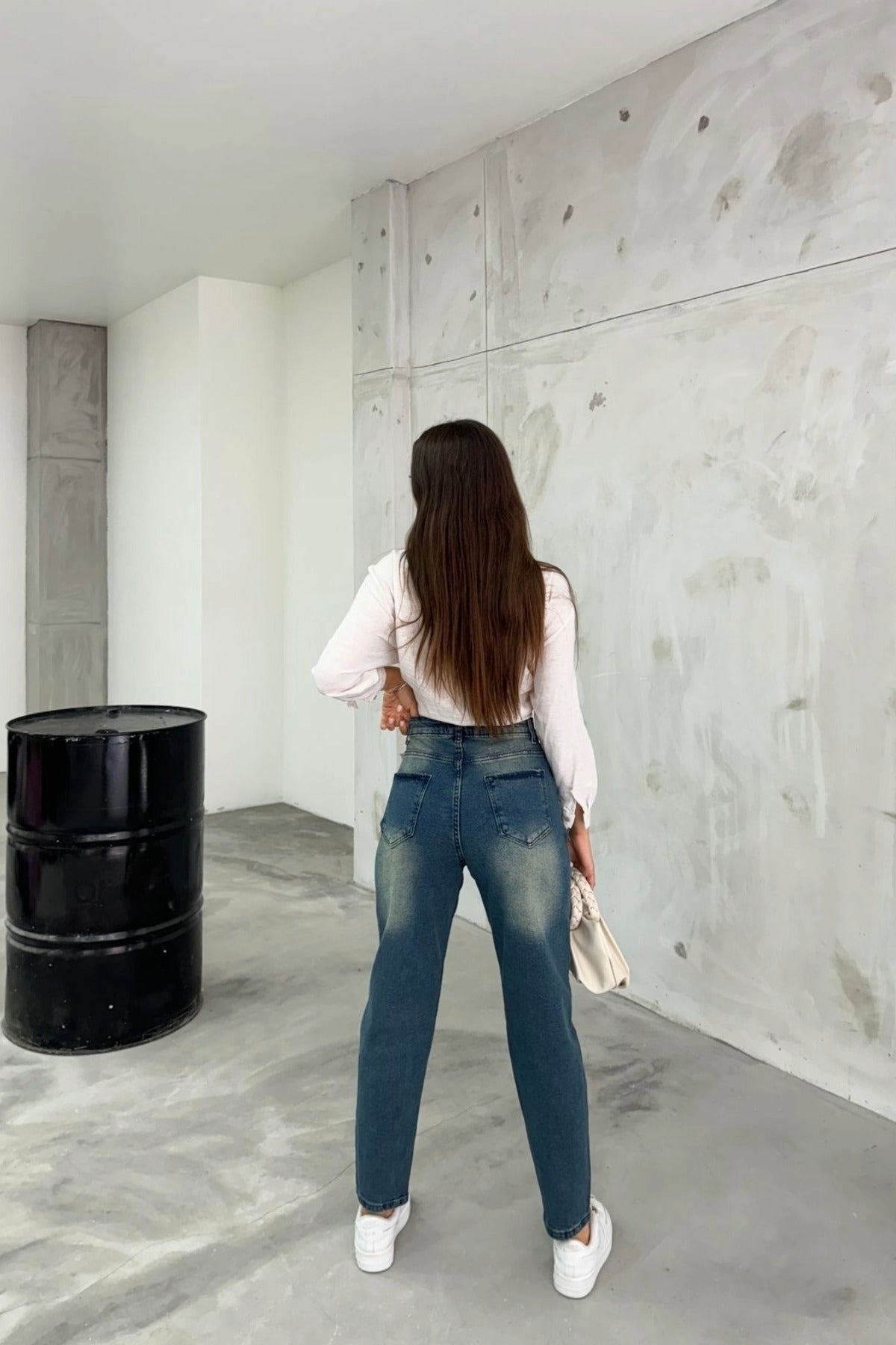 Women's Stretch/Lycra High-Waisted Mom Jeans Dark Blue - MALLTURK
