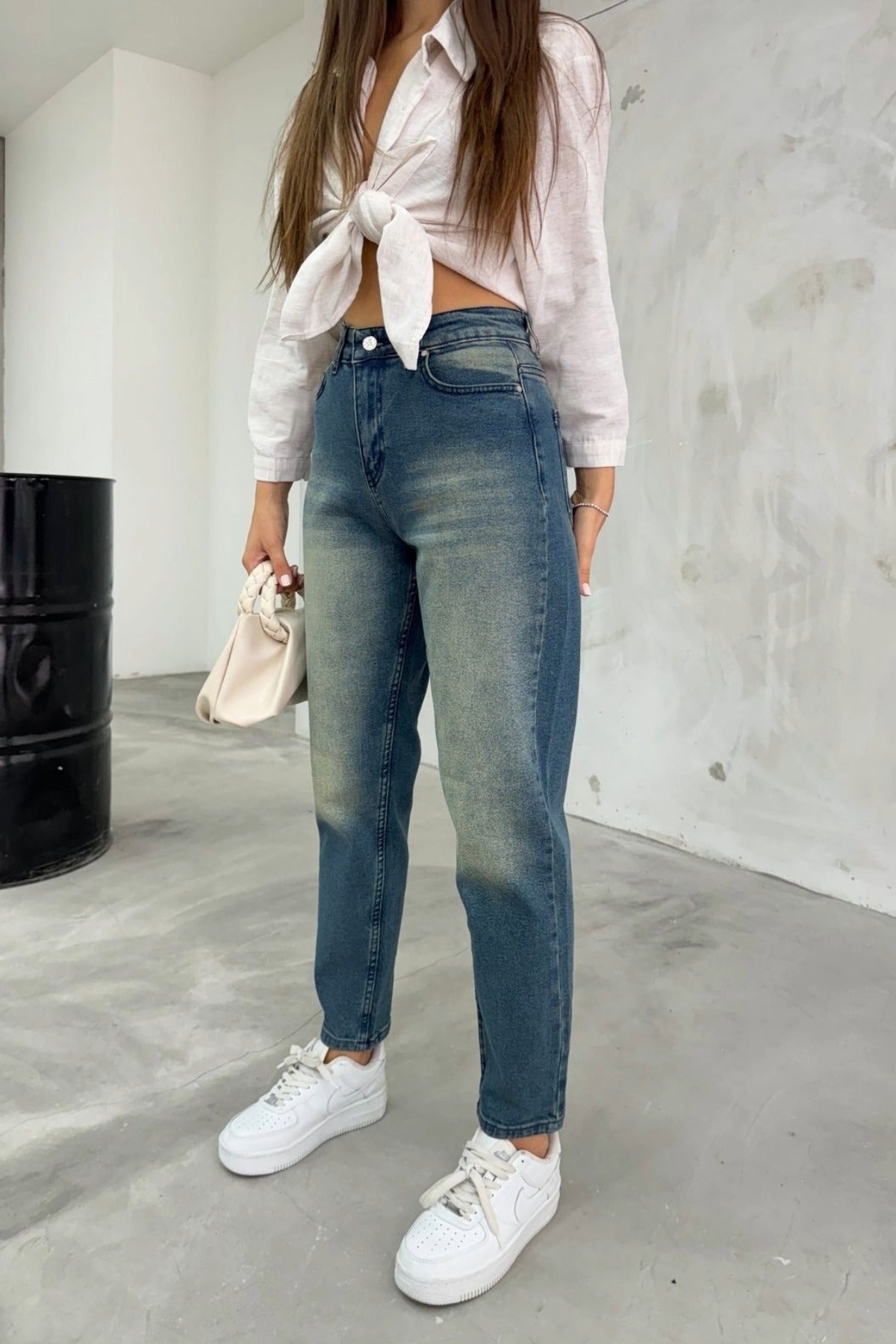 Women's Stretch/Lycra High-Waisted Mom Jeans Dark Blue - MALLTURK