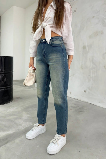 Women's Stretch/Lycra High-Waisted Mom Jeans Dark Blue - MALLTURK