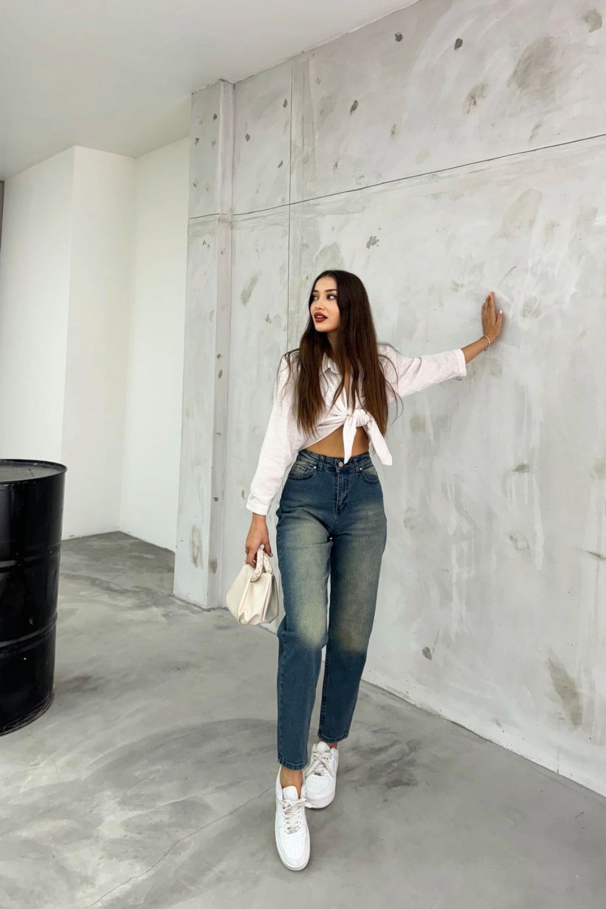 Women's Stretch/Lycra High-Waisted Mom Jeans Dark Blue - MALLTURK