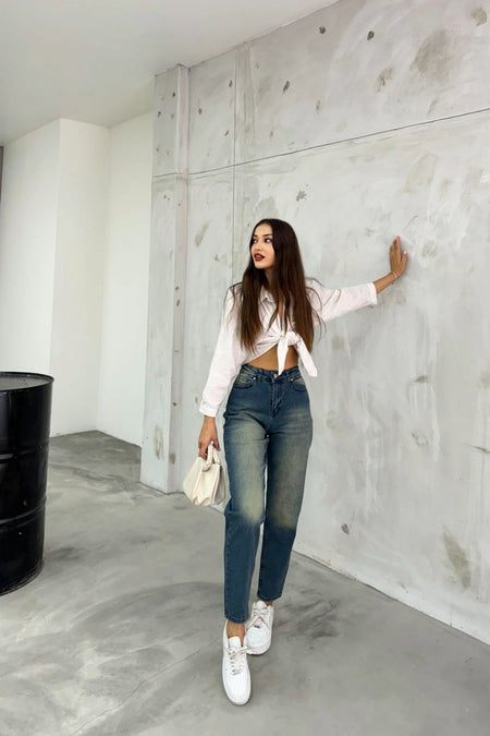 Women's Stretch/Lycra High-Waisted Mom Jeans Dark Blue - MALLTURK