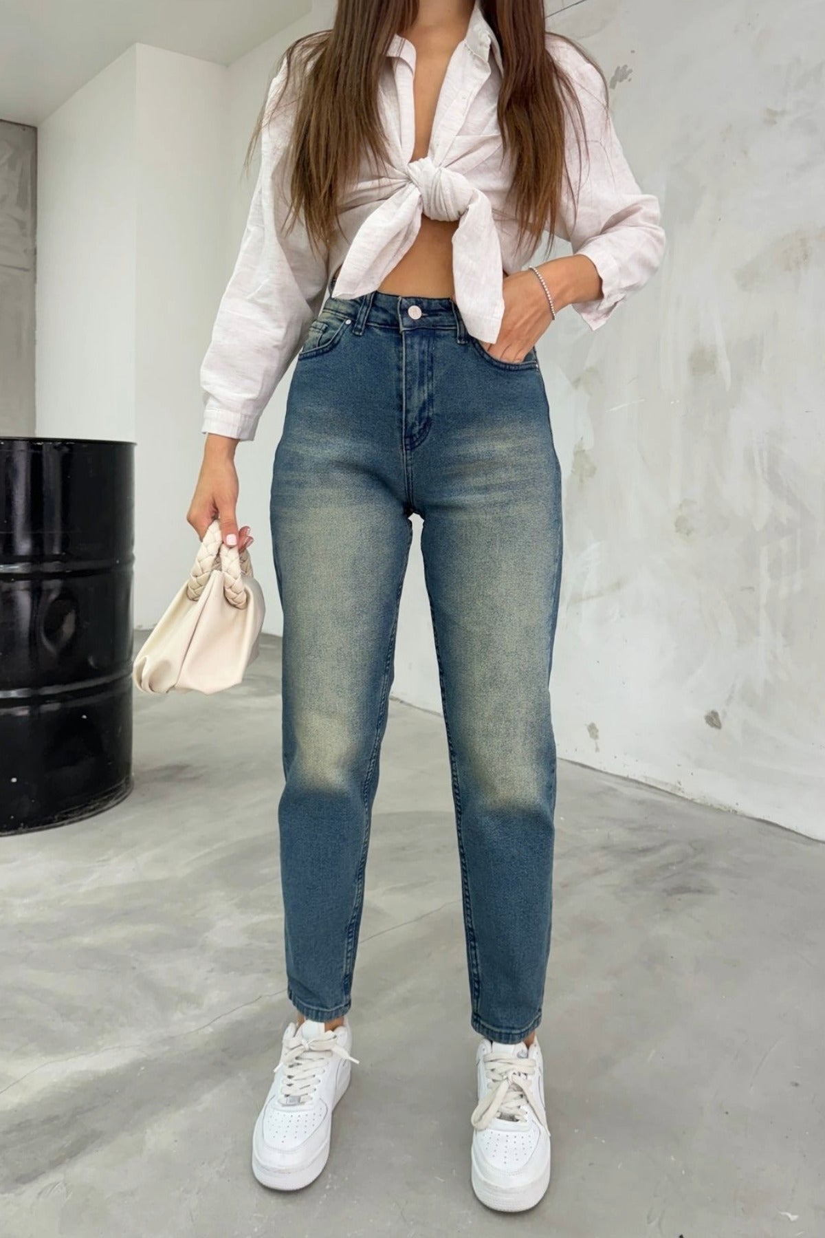 Women's Stretch/Lycra High-Waisted Mom Jeans Dark Blue - MALLTURK