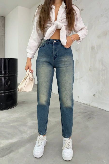Women's Stretch/Lycra High-Waisted Mom Jeans Dark Blue - MALLTURK