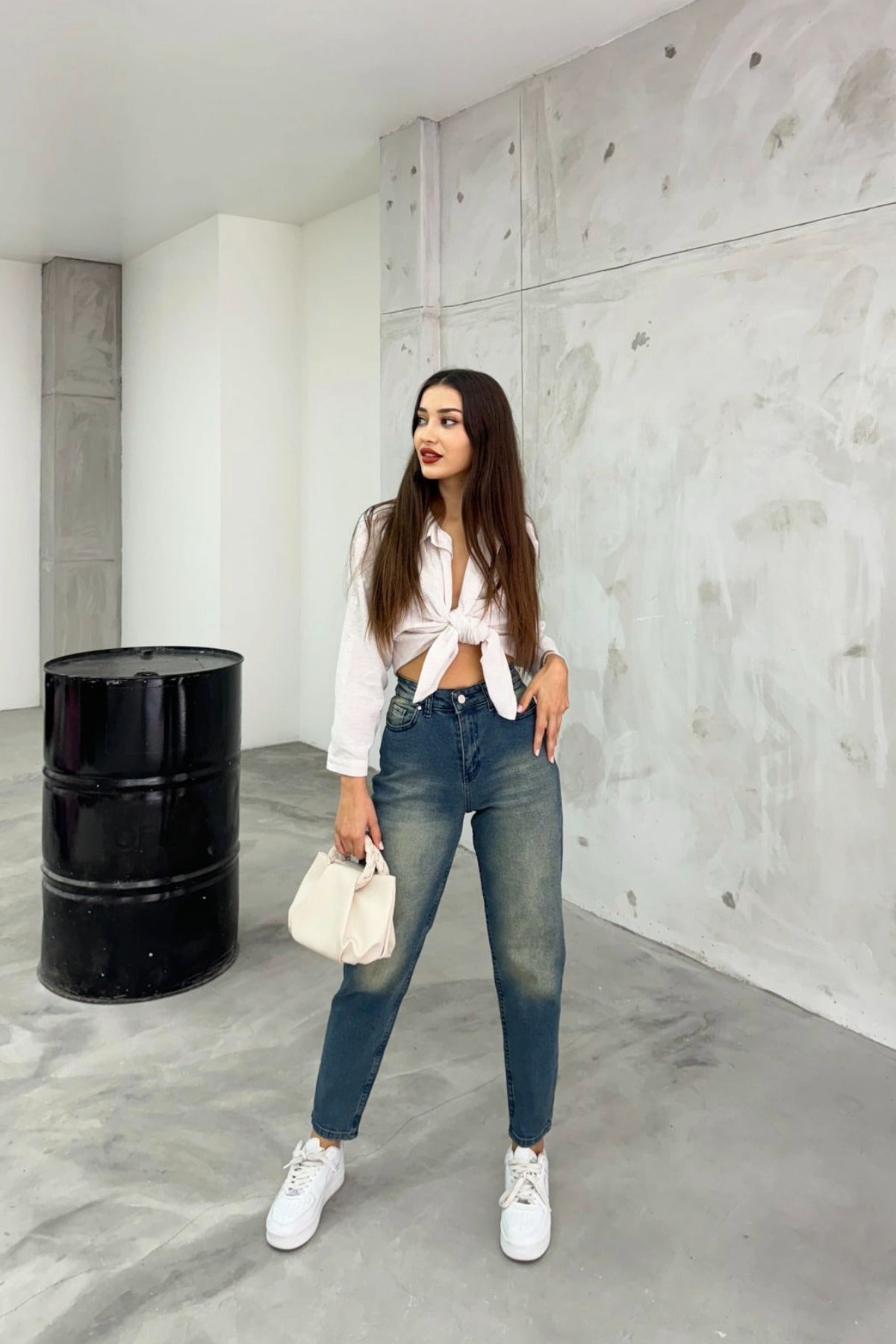 Women's Stretch/Lycra High-Waisted Mom Jeans Dark Blue - MALLTURK