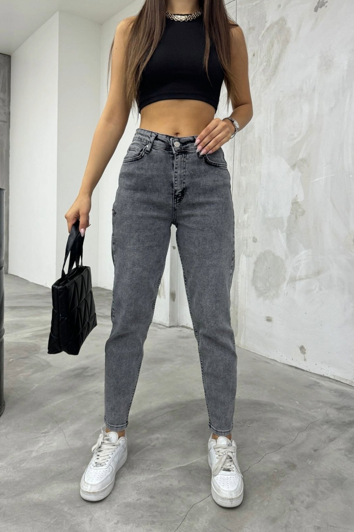 Women's Stretch/Lycra High-Waisted Mom Jeans Grey - MALLTURK