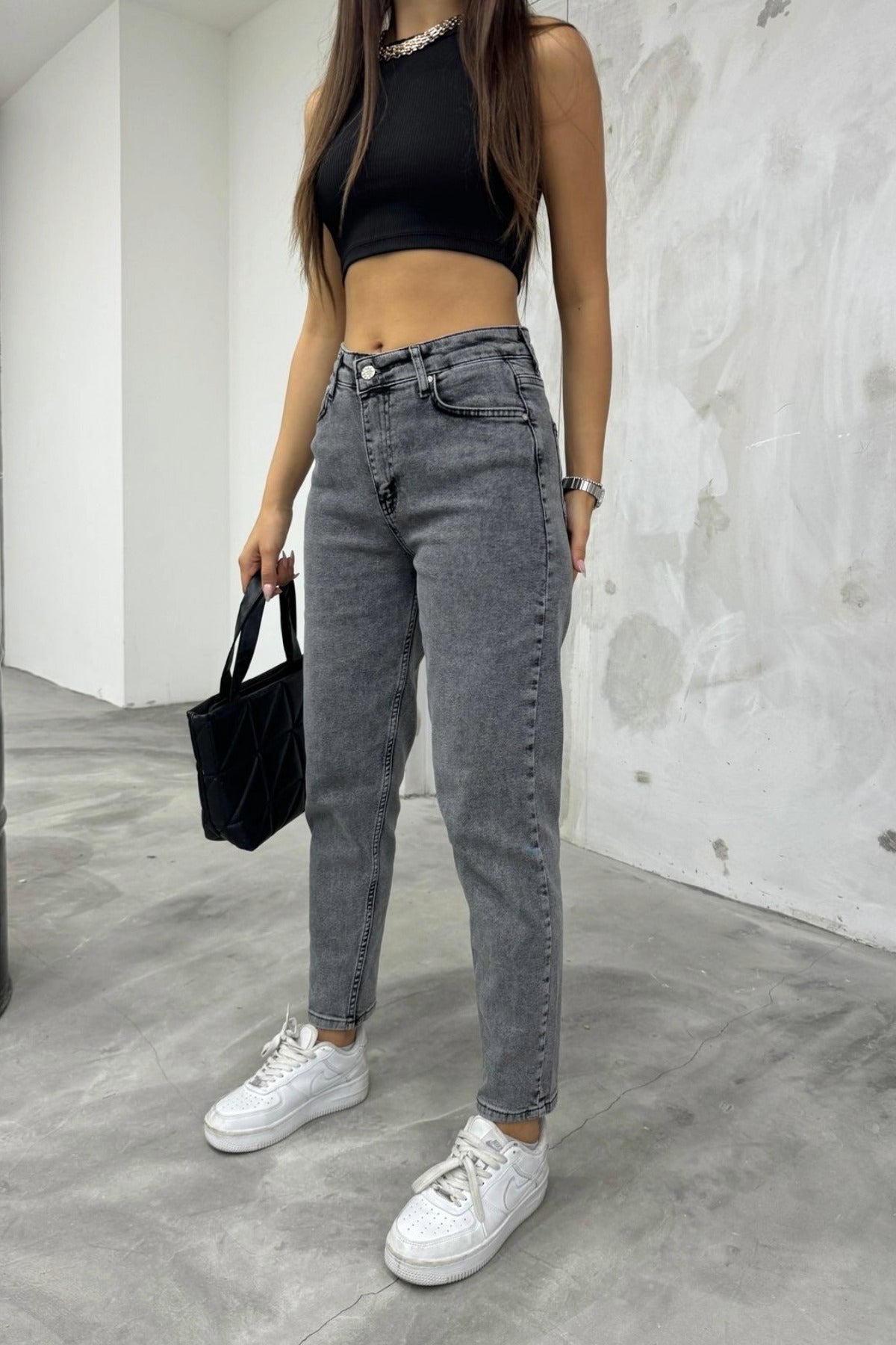 Women's Stretch/Lycra High-Waisted Mom Jeans Grey - MALLTURK