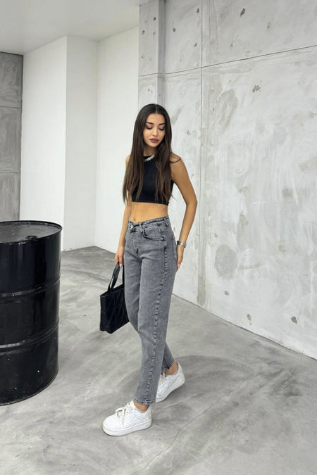 Women's Stretch/Lycra High-Waisted Mom Jeans Grey - MALLTURK