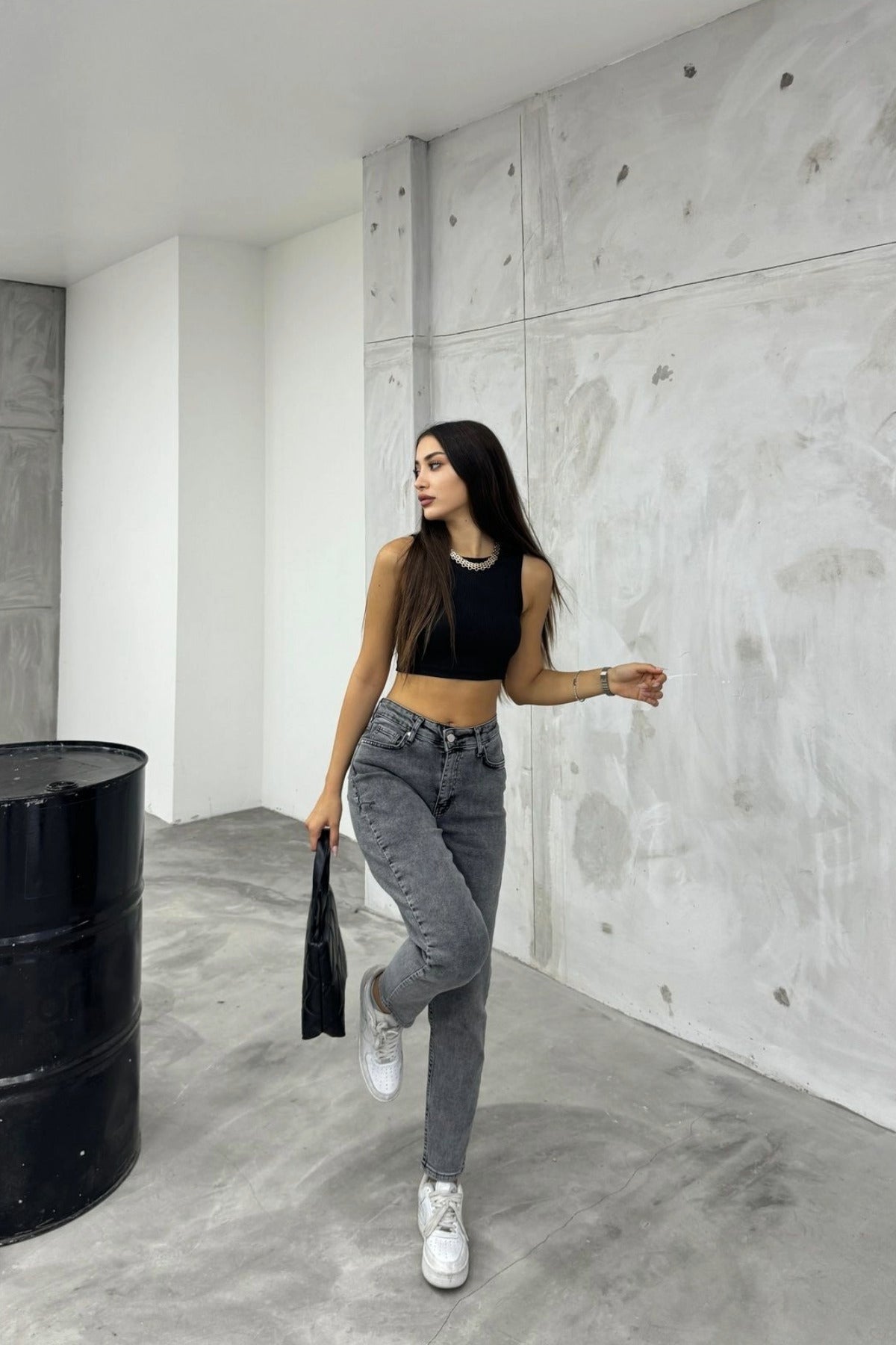 Women's Stretch/Lycra High-Waisted Mom Jeans Grey - MALLTURK
