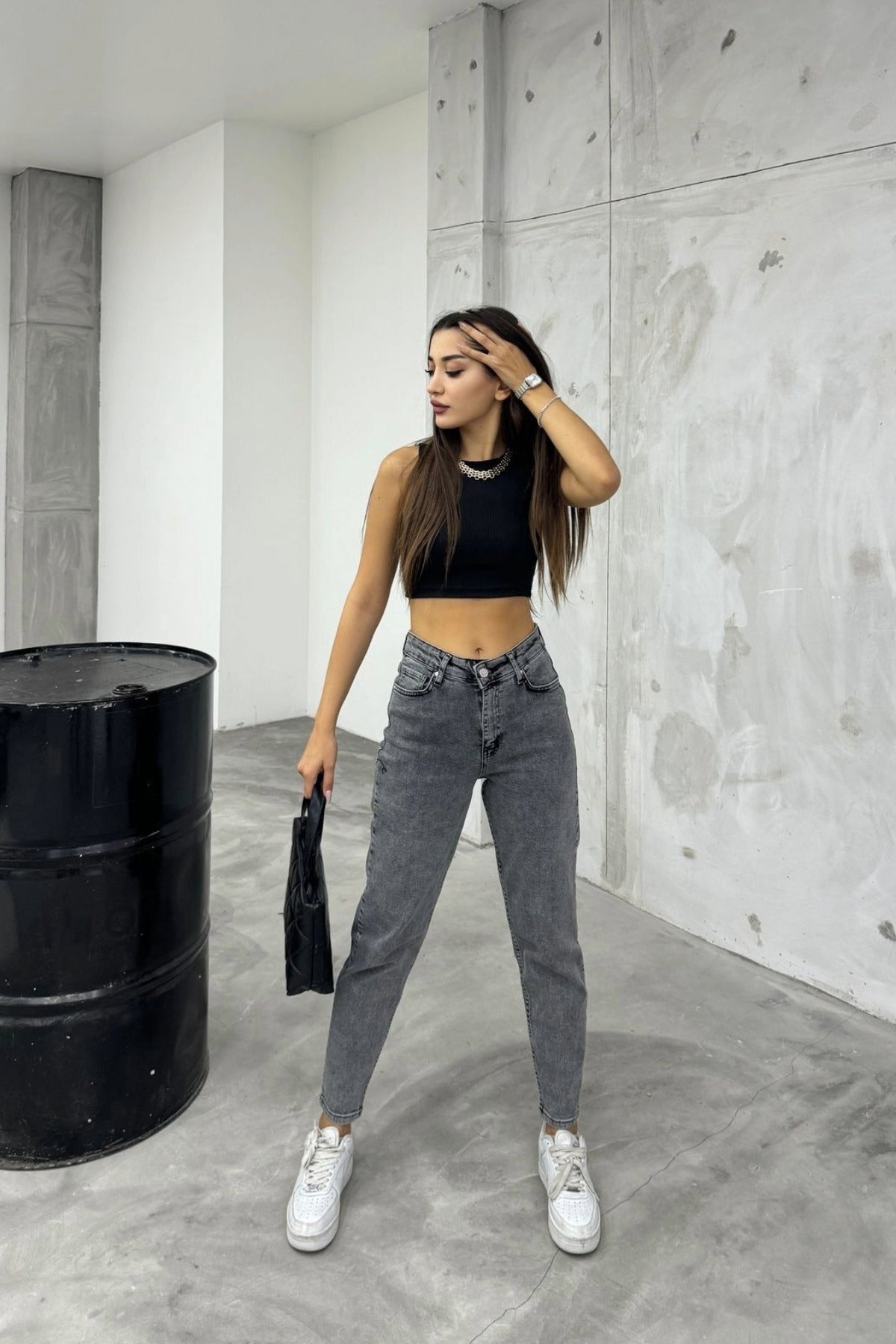 Women's Stretch/Lycra High-Waisted Mom Jeans Grey - MALLTURK