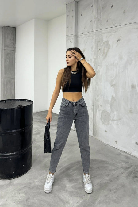 Women's Stretch/Lycra High-Waisted Mom Jeans Grey - MALLTURK