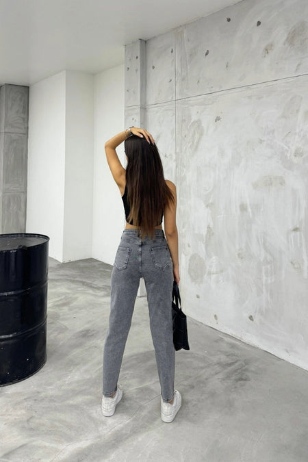 Women's Stretch/Lycra High-Waisted Mom Jeans Grey - MALLTURK