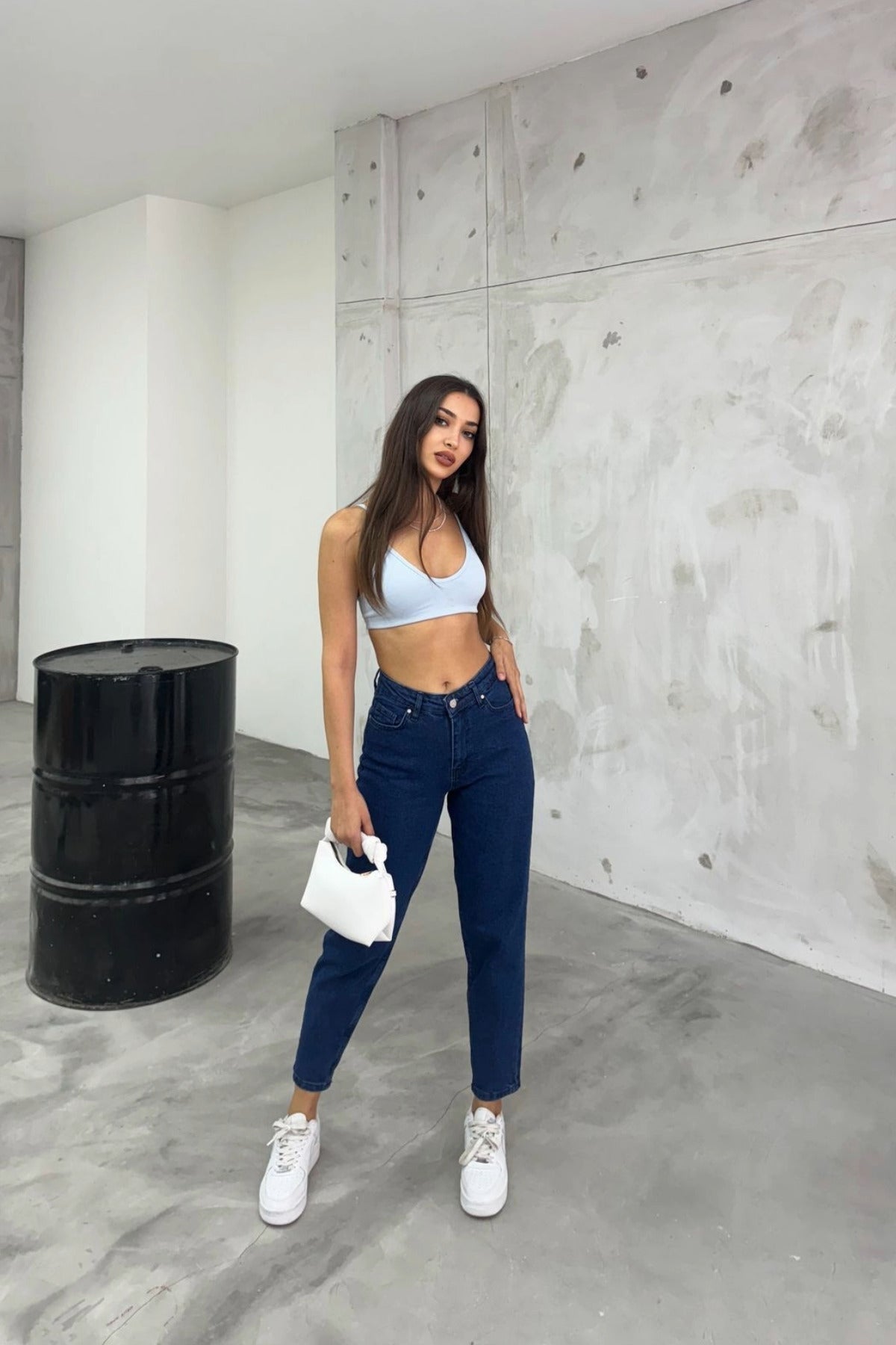 Women's Stretch/Lycra High-Waisted Mom Jeans NAVY BLUE - MALLTURK