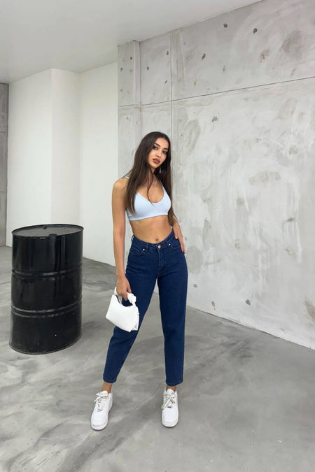 Women's Stretch/Lycra High-Waisted Mom Jeans NAVY BLUE - MALLTURK