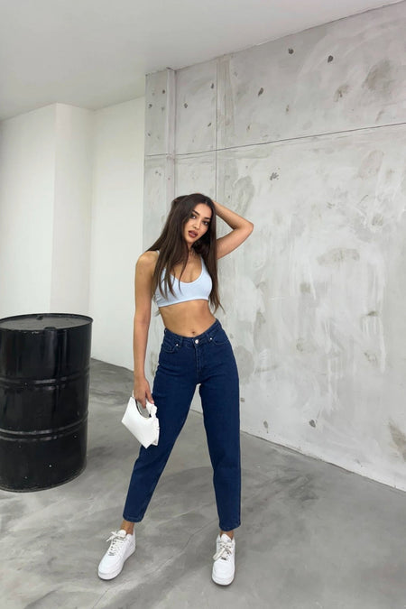 Women's Stretch/Lycra High-Waisted Mom Jeans NAVY BLUE - MALLTURK