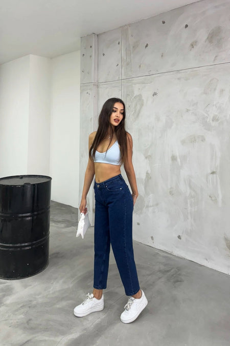 Women's Stretch/Lycra High-Waisted Mom Jeans NAVY BLUE - MALLTURK