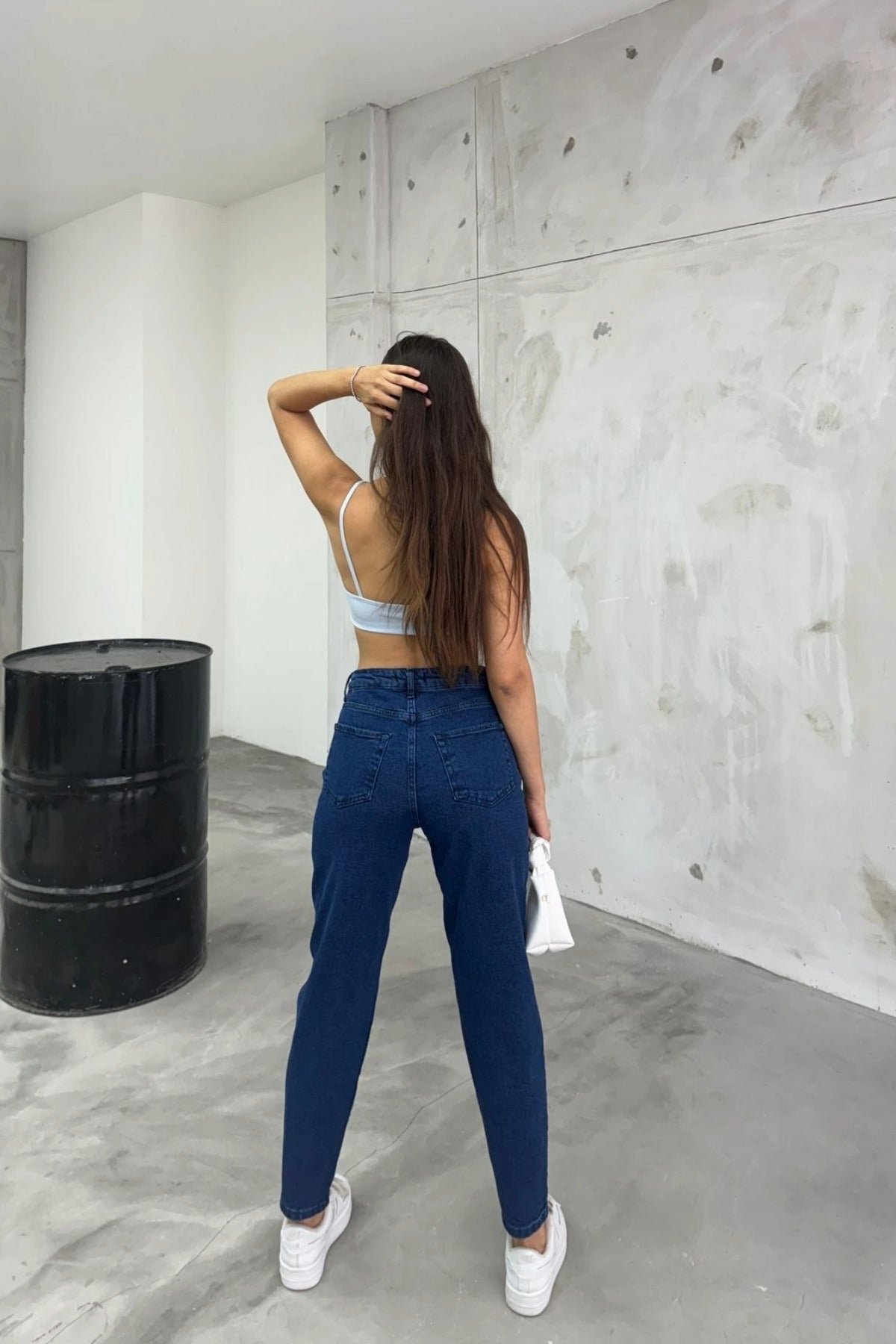 Women's Stretch/Lycra High-Waisted Mom Jeans NAVY BLUE - MALLTURK