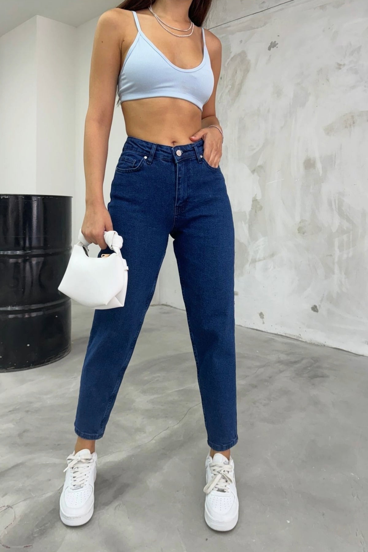 Women's Stretch/Lycra High-Waisted Mom Jeans NAVY BLUE - MALLTURK
