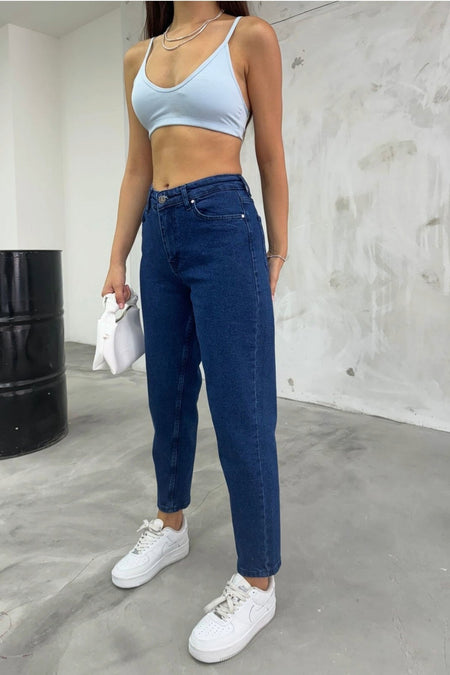 Women's Stretch/Lycra High-Waisted Mom Jeans NAVY BLUE - MALLTURK
