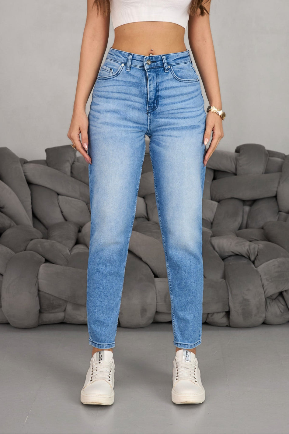 Women's Stretch/Lycra High-Waisted Mom Jeans, Pale Navy Blue - MALLTURK
