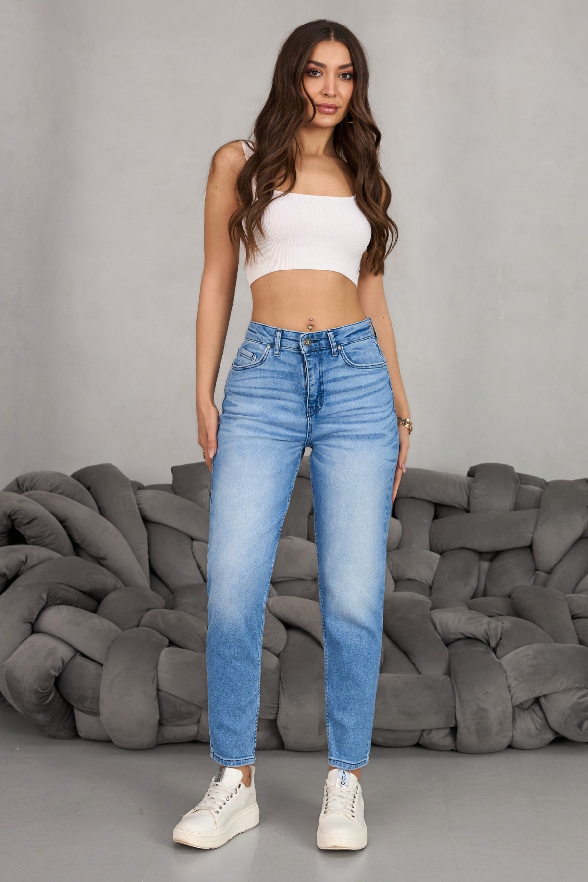 Women's Stretch/Lycra High-Waisted Mom Jeans, Pale Navy Blue - MALLTURK