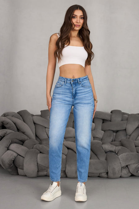 Women's Stretch/Lycra High-Waisted Mom Jeans, Pale Navy Blue - MALLTURK