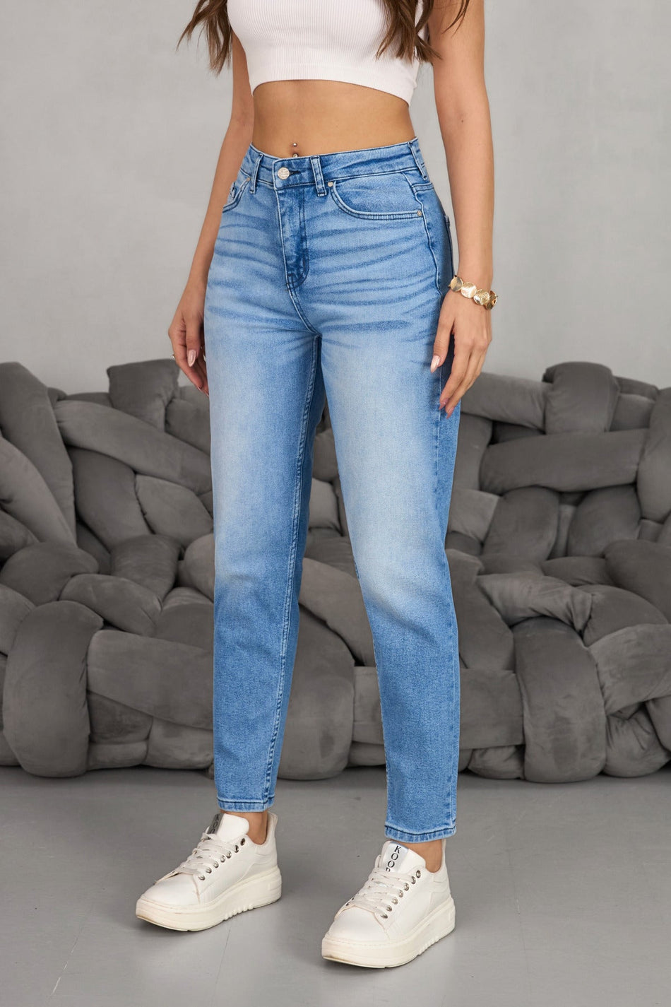 Women's Stretch/Lycra High-Waisted Mom Jeans, Pale Navy Blue - MALLTURK