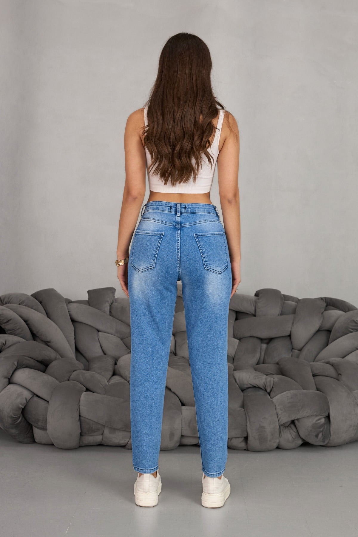 Women's Stretch/Lycra High-Waisted Mom Jeans, Pale Navy Blue - MALLTURK
