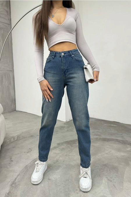 Women's Stretch/Lycra High-Waisted Mom Jeans with Effect, Blue - MALLTURK