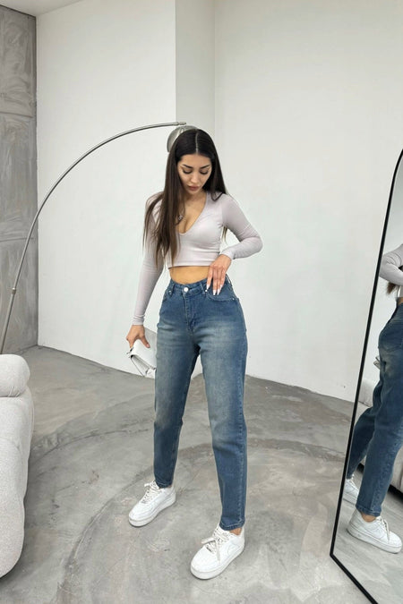 Women's Stretch/Lycra High-Waisted Mom Jeans with Effect, Blue - MALLTURK