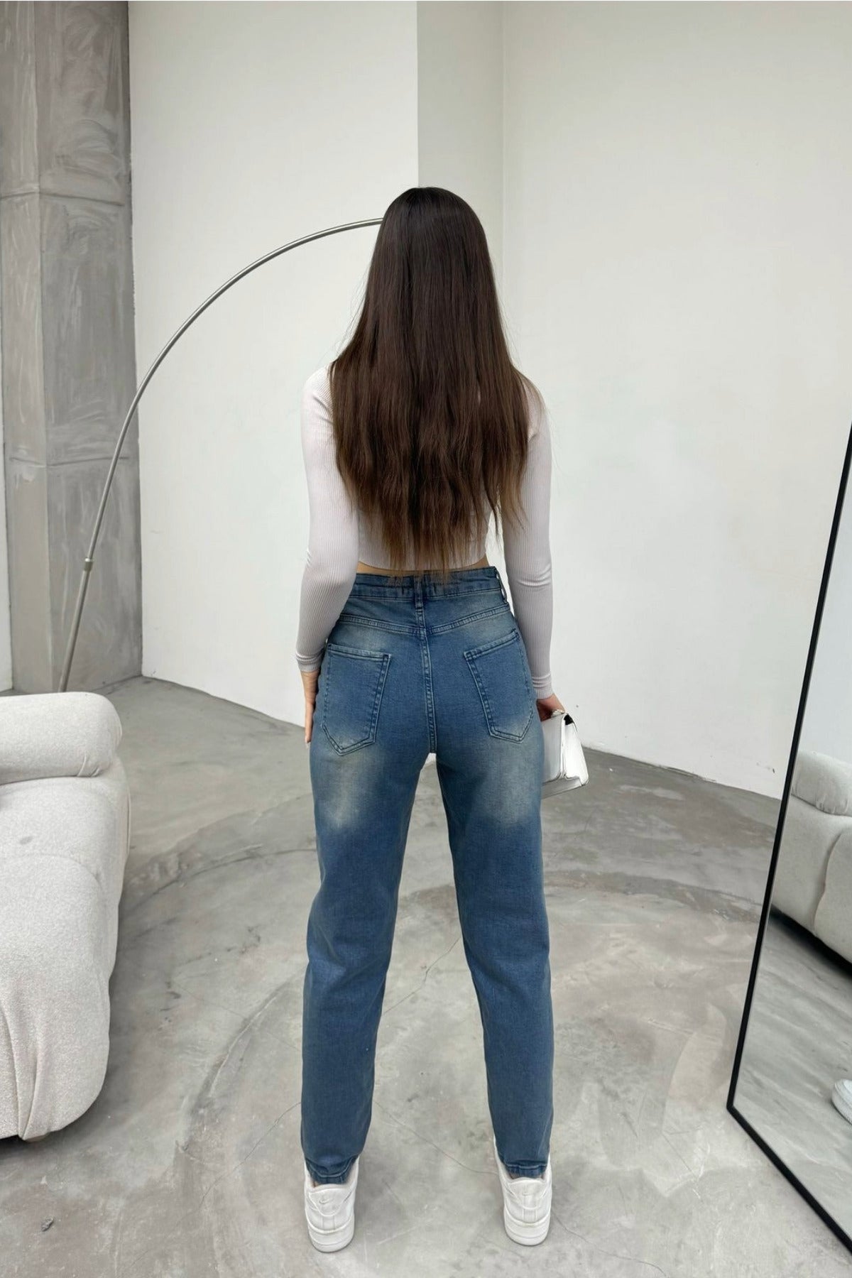 Women's Stretch/Lycra High-Waisted Mom Jeans with Effect, Blue - MALLTURK