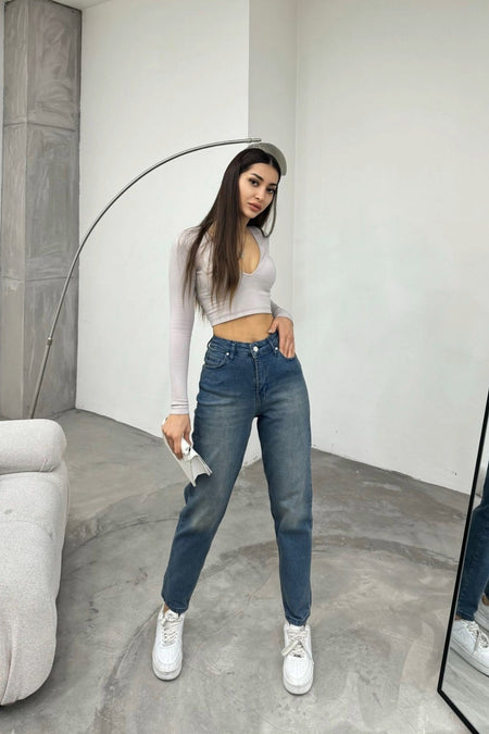 Women's Stretch/Lycra High-Waisted Mom Jeans with Effect, Blue - MALLTURK