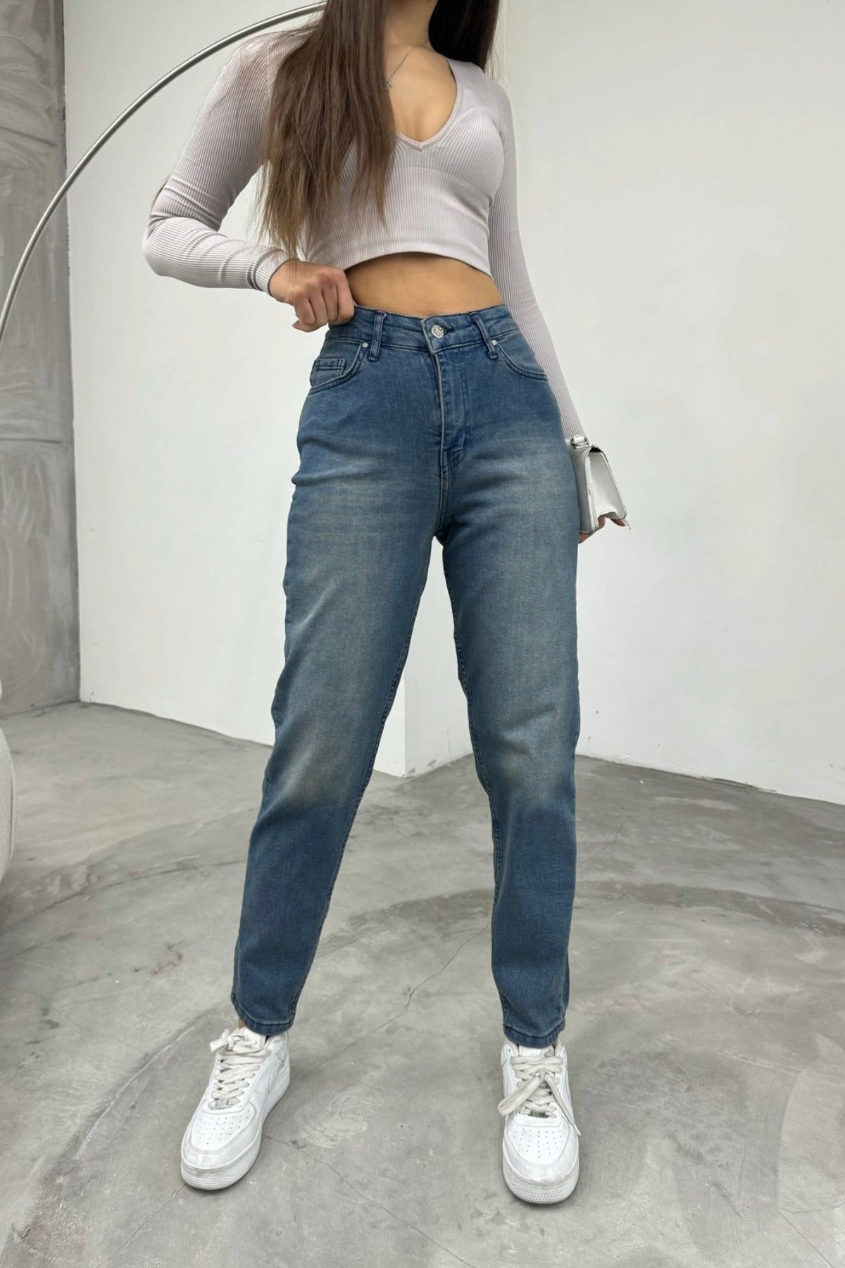 Women's Stretch/Lycra High-Waisted Mom Jeans with Effect, Blue - MALLTURK