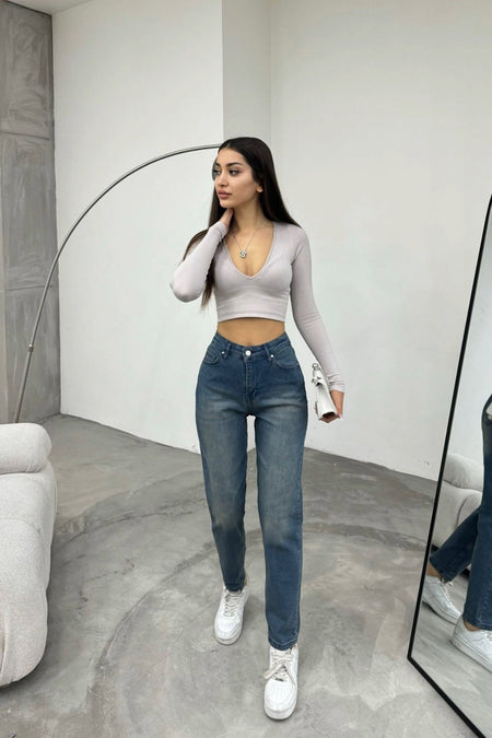 Women's Stretch/Lycra High-Waisted Mom Jeans with Effect, Blue - MALLTURK