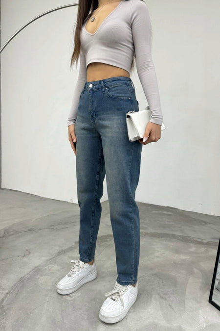 Women's Stretch/Lycra High-Waisted Mom Jeans with Effect, Blue - MALLTURK