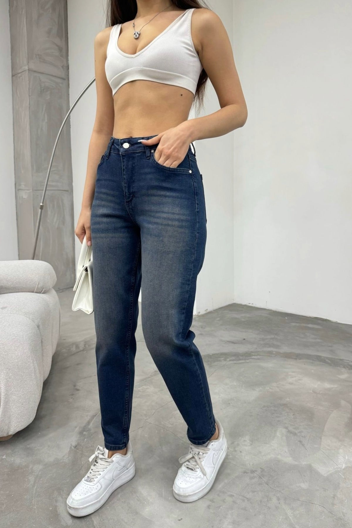 Women's Stretch/Lycra High-Waisted Mom Jeans with Effect, Navy Blue - MALLTURK