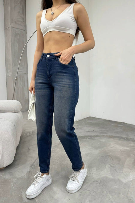Women's Stretch/Lycra High-Waisted Mom Jeans with Effect, Navy Blue - MALLTURK