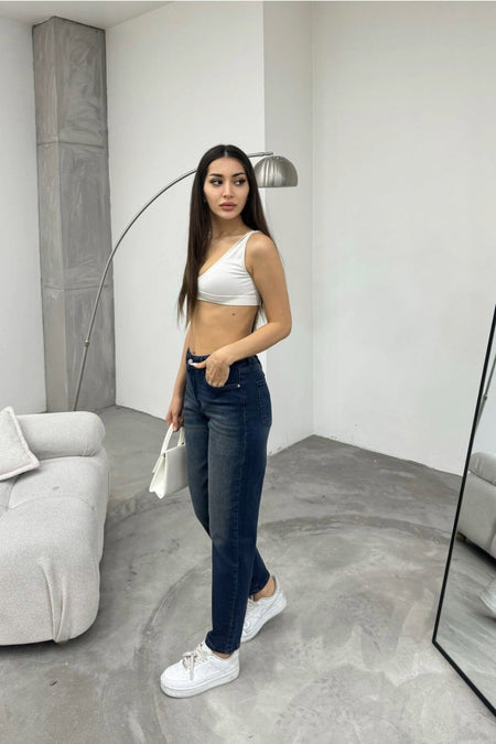 Women's Stretch/Lycra High-Waisted Mom Jeans with Effect, Navy Blue - MALLTURK